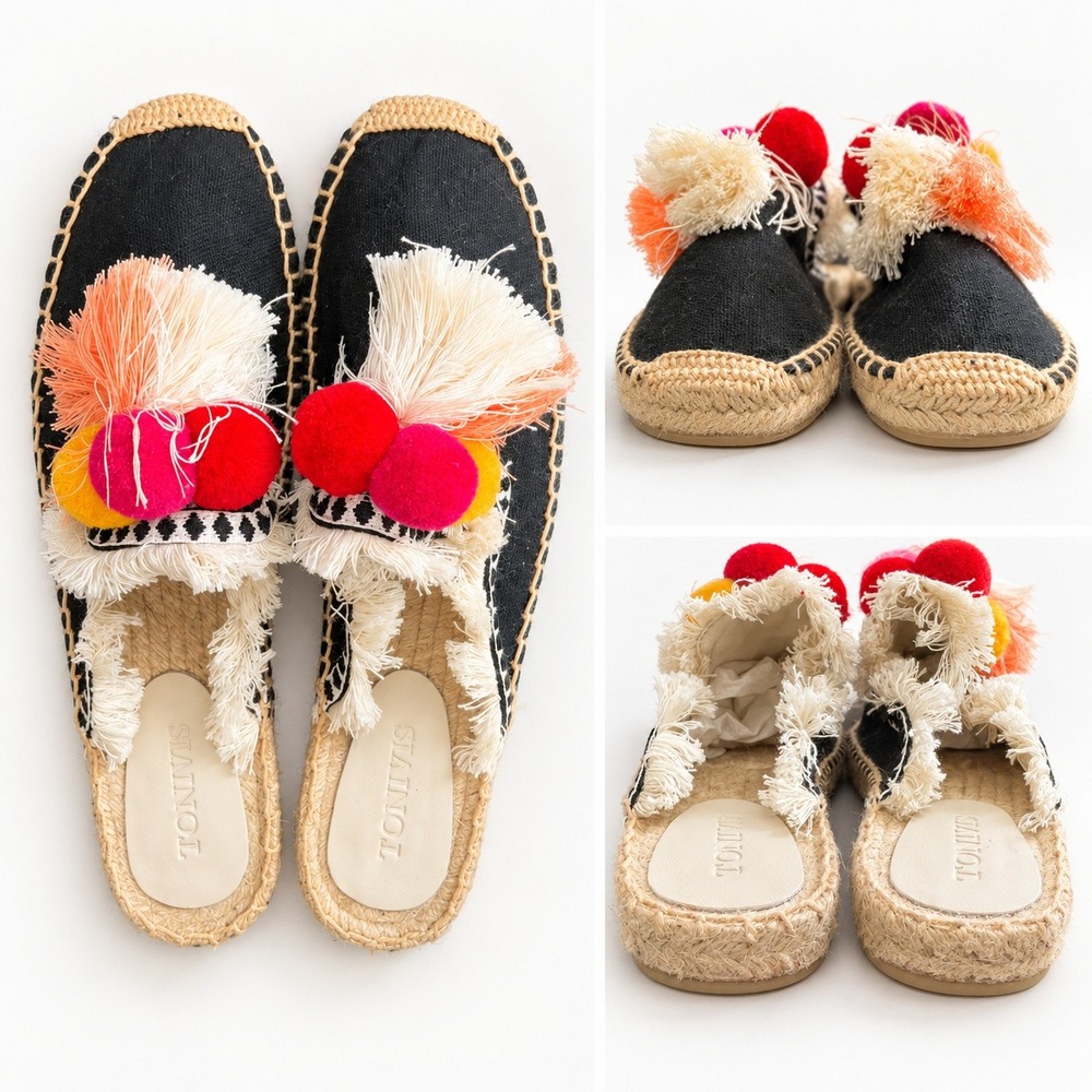 Toni Vis Black Espadrille Mules Womens Size 11 Pom Pom Tassel Fringed Boho Shoes